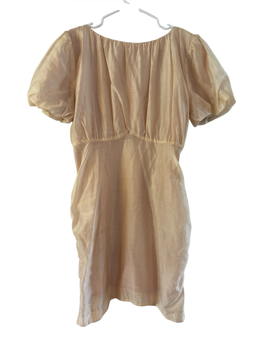 Bohme Women's Short Puff Sleeve Shiny Mini Dress Size Ruching Champagne Size S
